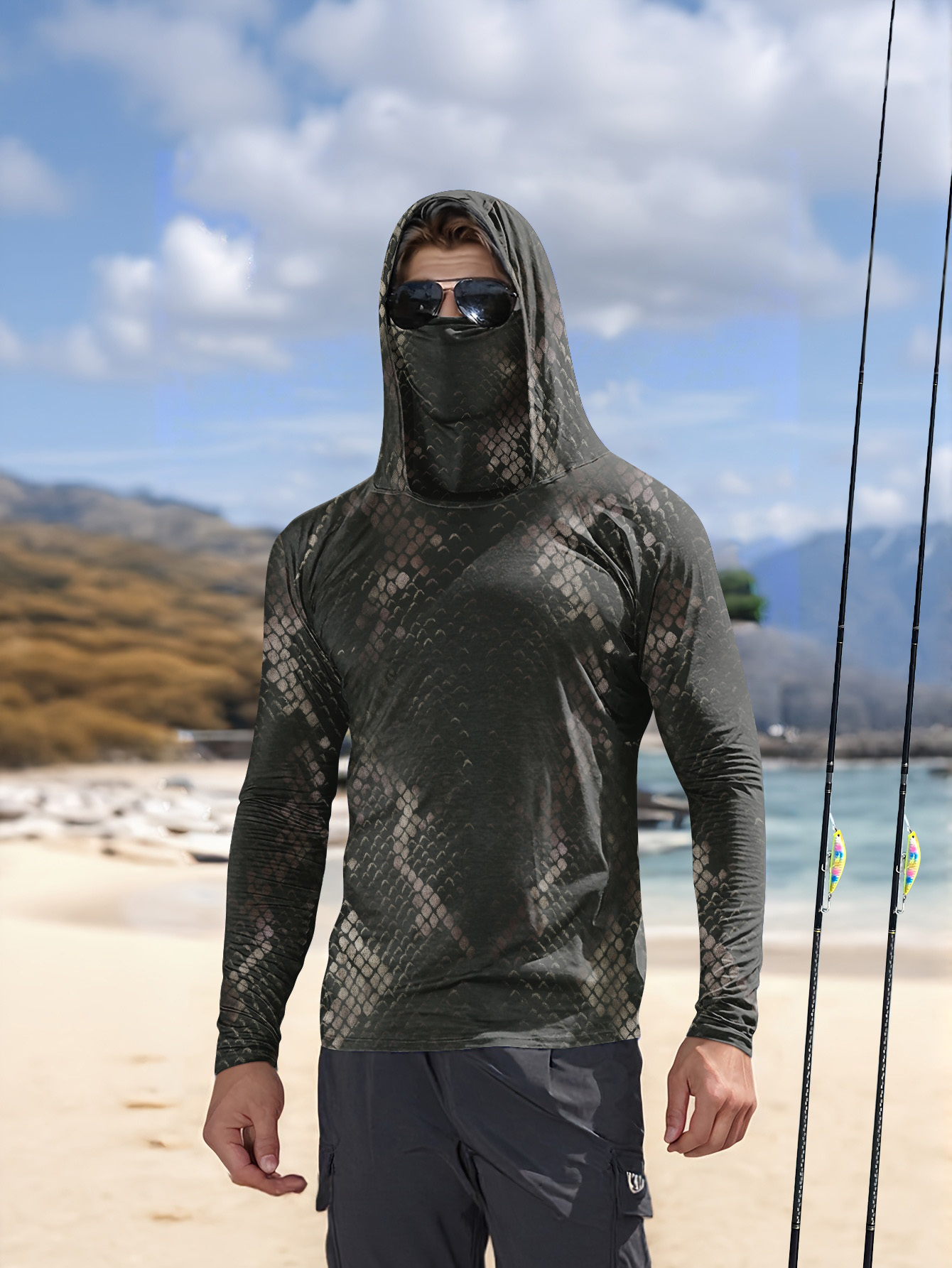 Mens Fashion Summer - Camisa de Pesca Masculina com Capuz,